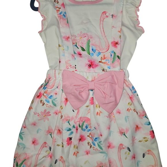 Girls Flamingo Floral Dress Size 3-4Y Pink Bow Ruffle Sleeves - Picture 2 of 6